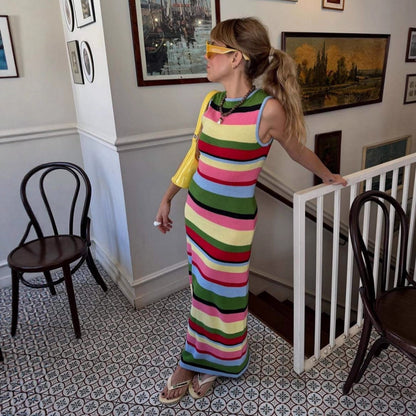 Slimming Sleeveless Rainbow Striped Knitted Maxi Dress for Women Dress Casual Waist Tight - Wanita Store