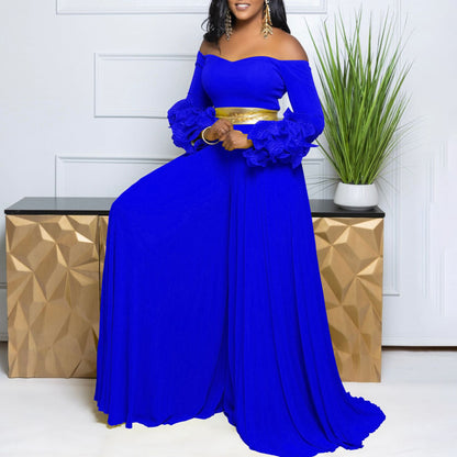 Off Neck Ruffle Sleeve Solid Color Pleated Wide Leg Jumpsuit - Wanita Store