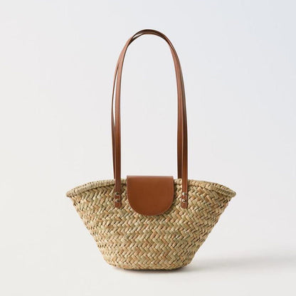 Natural Grass Shoulder Straw Bag Faux Leather Stitching Woven Bag Vacation Beach Bag All Match Rattan Weave Bag - Wanita Store
