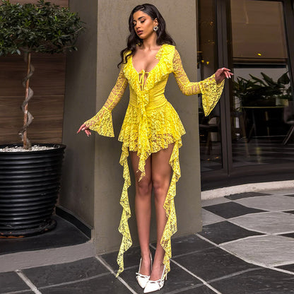 Women Clothing Lace Lotus Leaf Streamer Long Sleeve with Safety Pants Short Dress - Wanita Store