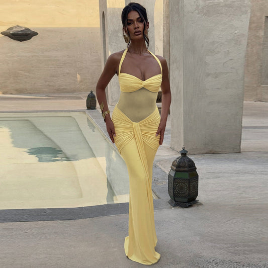 Women Clothing Summer Sexy Tube Top off Neck Mesh Stitching Halter Tied Dress