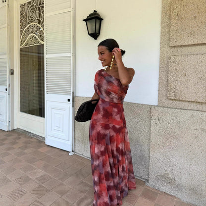 Printed Mesh off Shoulder Vacation Slim Fit Bottoming Dress - Wanita Store
