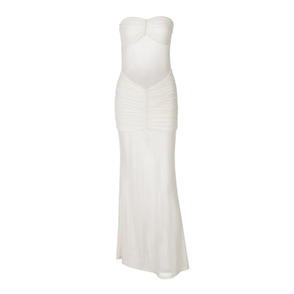 Mesh Stitching Dress Summer Women Sexy off Neck Tube Top Dress - Wanita Store