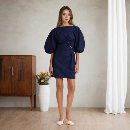 Puff Sleeve Word Collar Twisted Metal Buckle Embellished Decorative Imitation Denim Ladies Dress High End - Wanita Store