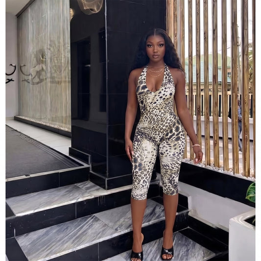 Women Clothing Supply Lace up Backless Pleated Slim Leopard Print Jumpsuit