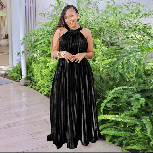 Women Wear Sleeveless Cold Shoulder Artificial Silk Pleated Large Swing Dress