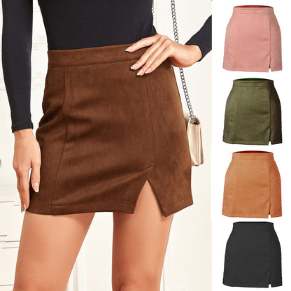 Women Clothing Suede Hip Skirt High Waist Zipper Autumn Winter A line Solid Skirt Women - Wanita Store