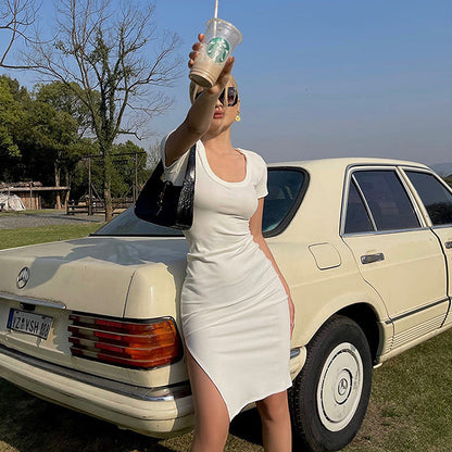 Women Clothing Round Neck Short Sleeve Regular Slimming Hip Split Hipster Dress Summer - Wanita Store