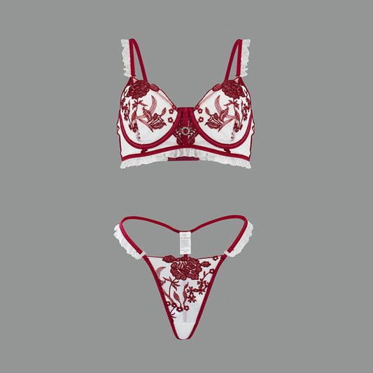 Sexy Lingerie Women Suit Embroidered Lace See Through Sexy Low Waist Thin Strap T Back Two Piece Set Direct