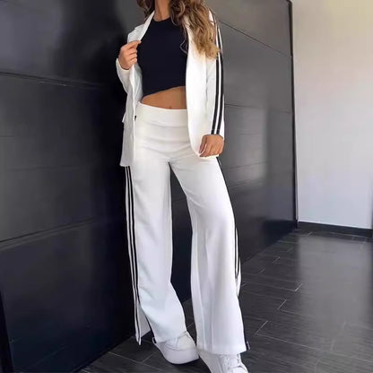Autumn Winter Women Casual Polo Collar Suit Wide Leg Pants Two Piece Suit - Wanita Store