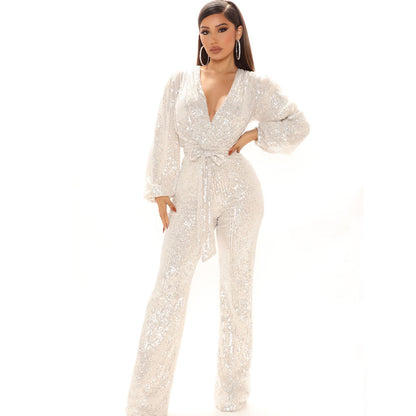 Fall Winter Slim V neck One Piece Women Wide Leg Pants - Wanita Store