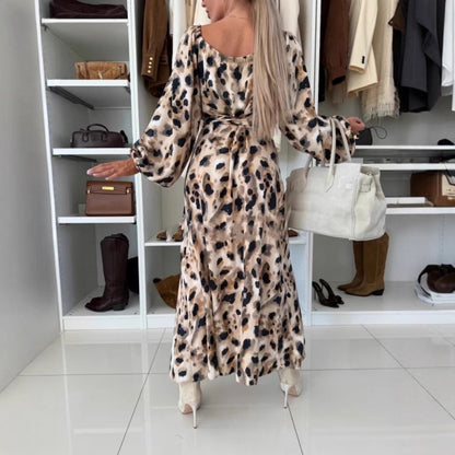 Autumn Winter Printed Waist Controlled Hem Slit Long Sleeve Dress for Women - Wanita Store