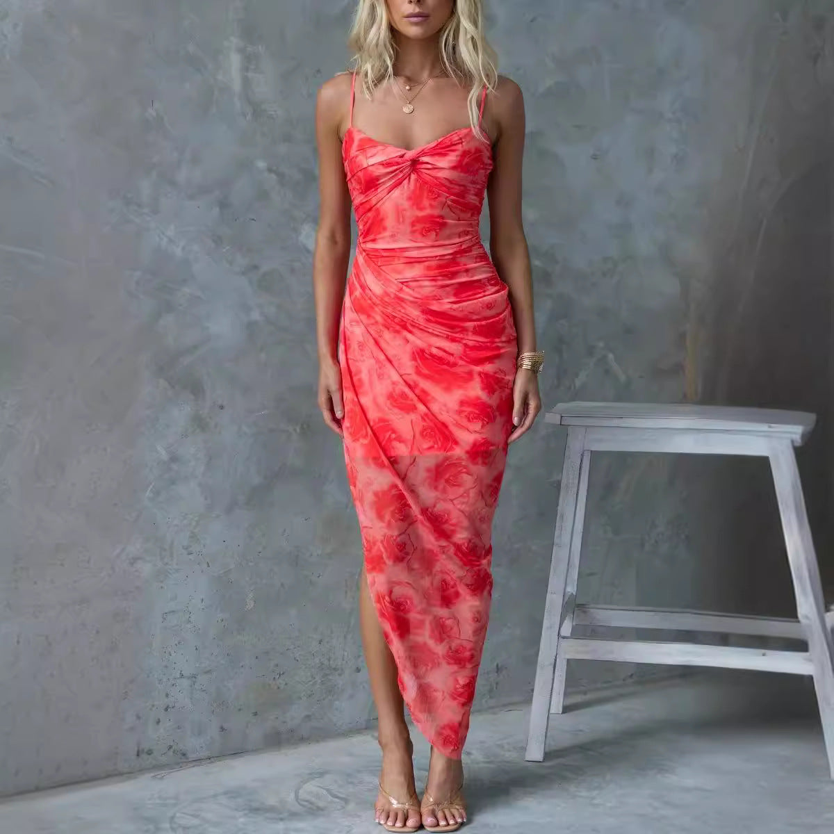 Spring Summer Suspender Floral Print Slit Dress Casual Vacation Loose Dress