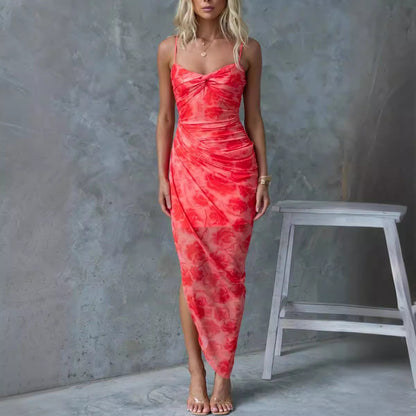 Spring Summer Suspender Floral Print Slit Dress Casual Vacation Loose Dress - Wanita Store