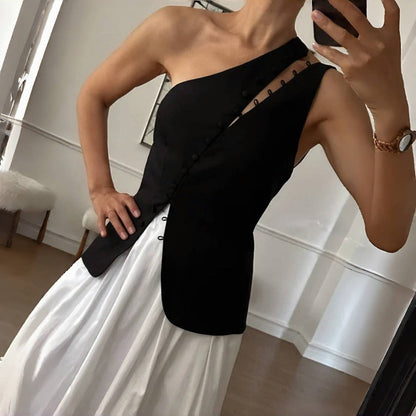 Women Clothing Summer Diagonal Collar Hooks Sexy Sleeveless Vest - Wanita Store