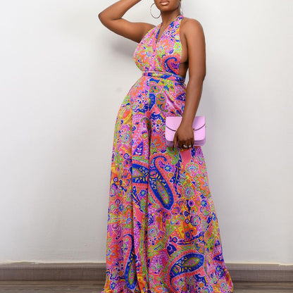 Women Clothing Printed Halter Multi Wear Beach Jumpsuit - Wanita Store