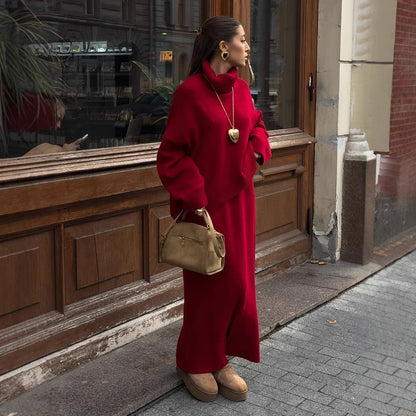 Turtleneck Sweater Skirt Set Women Autumn Winter Loose Knitted Two Piece Sweater Set Women - Wanita Store