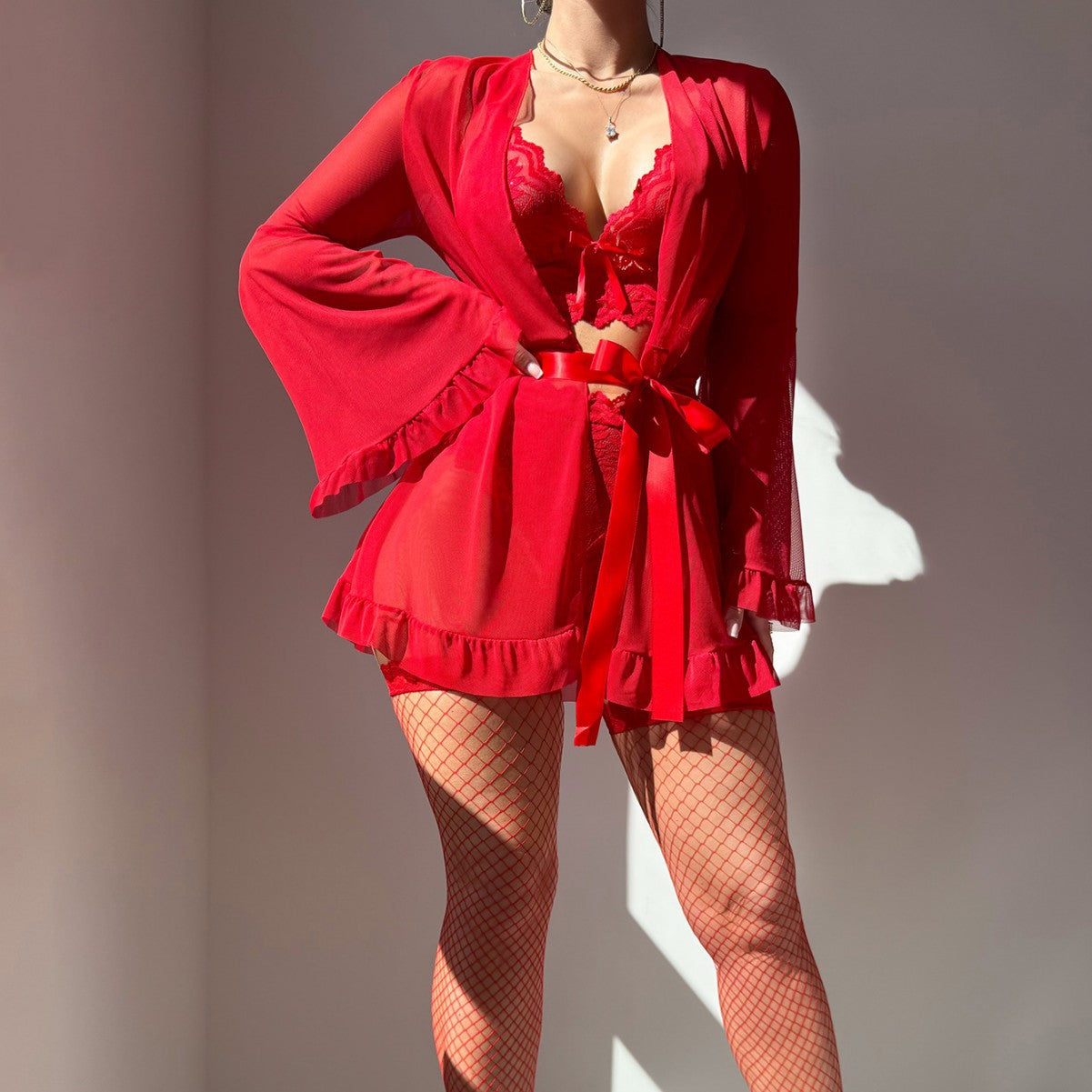Sexy Lingerie Sexy Sling See through Pajamas Three Piece Lace Nightgown Women Sexy