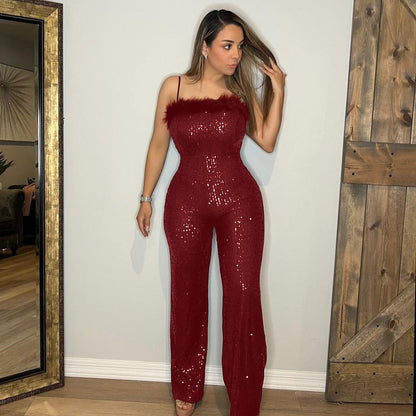 Sexy Sling Wool Tops Stitching Sequined Jumpsuit Women Clothing - Wanita Store