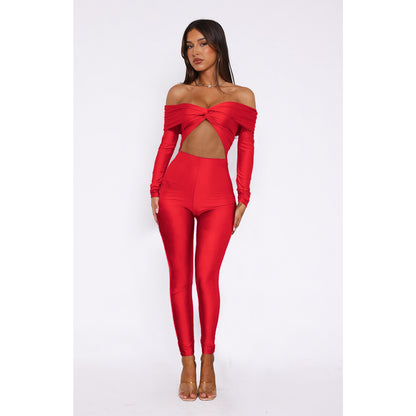 Women Clothing Collared Twist Hollow Out Cutout Cropped Sexy High Waist Long Sleeve Jumpsuit - Wanita Store