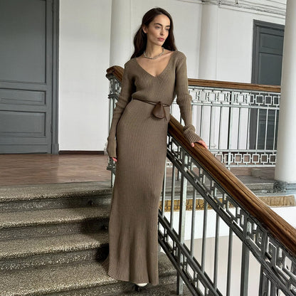 Solid Color Long Sleeve Dress Women Autumn Winter Elegant V neck Slim Hip Knitwear Dress - Wanita Store