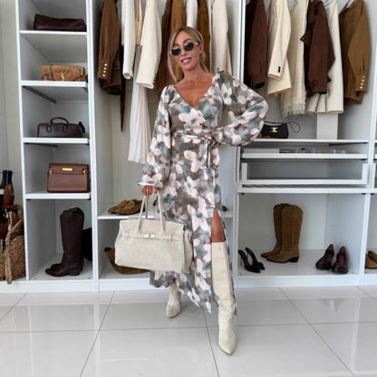 Autumn Winter Printed Waist Controlled Hem Slit Long Sleeve Dress for Women - Wanita Store