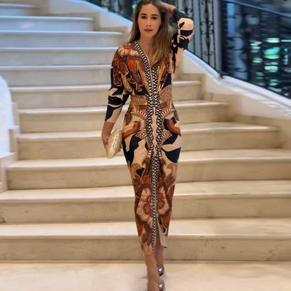 Spring Women Wear Short Sleeve V neck Slim Print Dress - Wanita Store