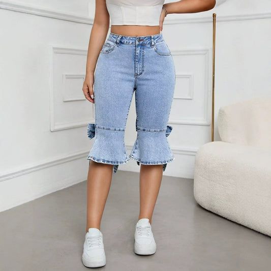 Ruffled Bow Women Summer Stretch Jeans Cropped Pants