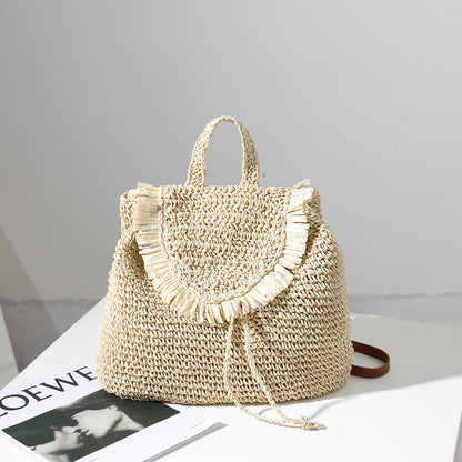 Backpack Straw Bag Mori Casual Tassel Straw Bag Woven Bag Women Same Seaside Vacation Beach Bag - Wanita Store