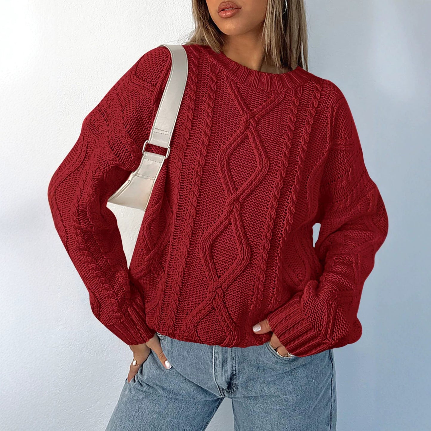 Casual Cable Knit Sweater Women Long Sleeved Solid Color Knitted Pullover Women Commuting Wear
