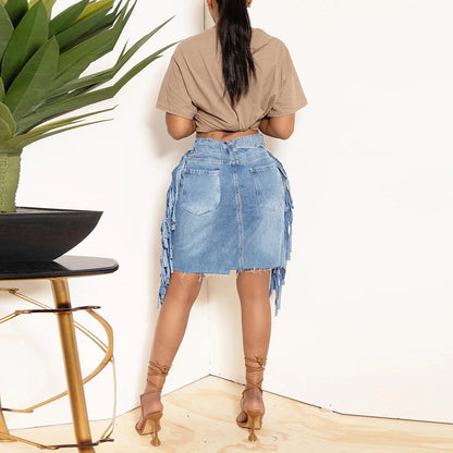 Spring Summer Women Clothing Personalized Denim Washed Tassel Tatted Skirt - Wanita Store