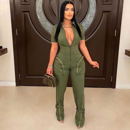 Sexy Summer Zipper Workwear with Pocket Jumpsuit - Wanita Store