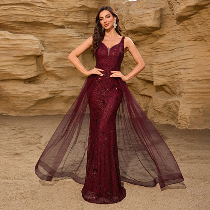 Sequin Stitching Mesh V neck U Back Party Mermaid Dress Classic Wine Red Party Dress - Wanita Store