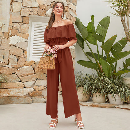 Women Clothing Summer Casual off Shoulder Ruffle Sleeve Lace up Cropped Wide Leg Pants - Wanita Store