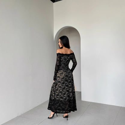 Autumn Winter Long Sleeve Lace off Neck Slim Slimming Maxi Dress Women - Wanita Store