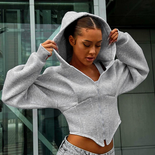 Women Autumn Winter Casual Zipper Long Sleeve Hooded Cardigan Cropped Coat Top