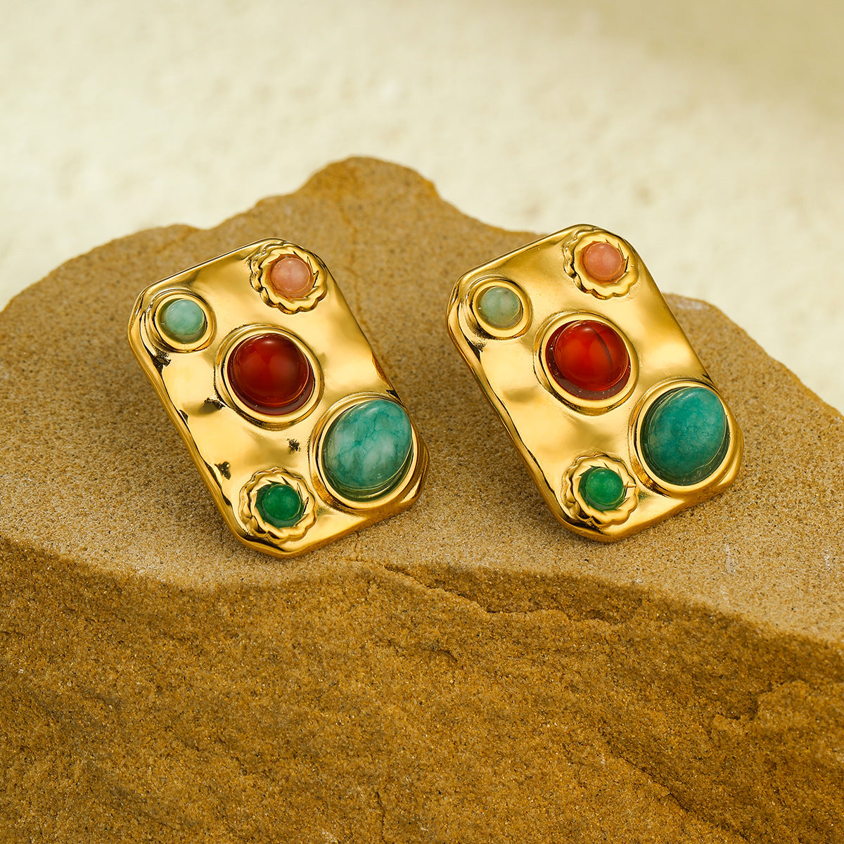 Exotic Square Color Natural Stone Titanium Steel Embellished Simple All-Match Sense Necklace Ring Set - Wanita Store