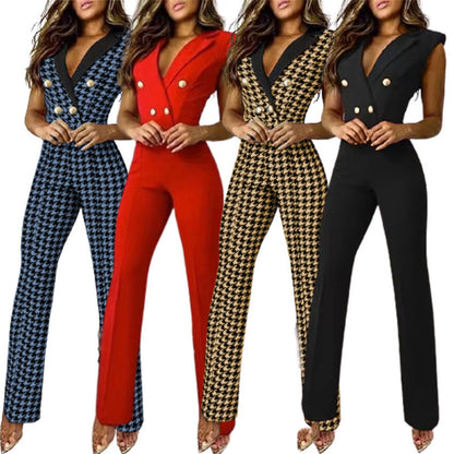 Spring Summer Women Clothing Color Matching Button V-neck Sleeveless Houndstooth Jumpsuit Business Wear for Women - Wanita Store