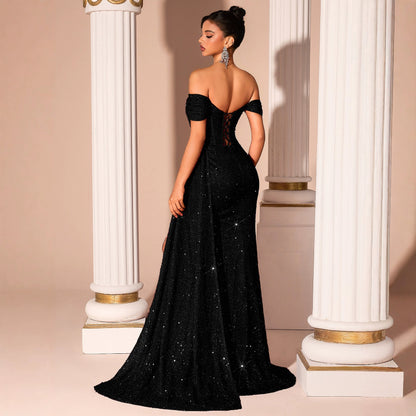 Vestido de Noche Negro sin Tirantes Lentejuelas Ajustado Estilizador Cola de Pez Vestido de Novia para Brindis Vestido de Noche de Cóctel