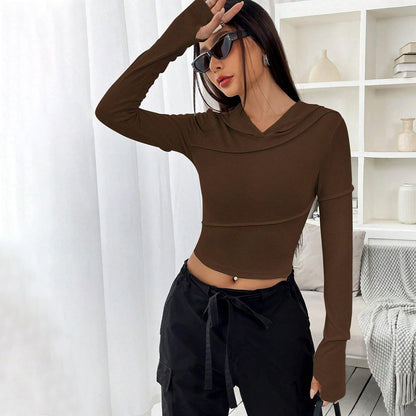 Street V Neck Sweatshirt Fall Winter Slim Bottoming Hooded Top Women - Wanita Store
