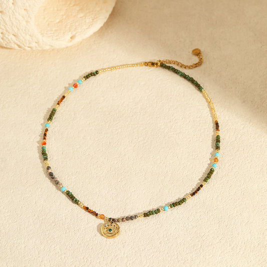 Affordable Luxury Natural Stone Necklace Stainless Steel Clavicle Chain Fresh Niche Multi Treasure Retro Necklace - Wanita Store