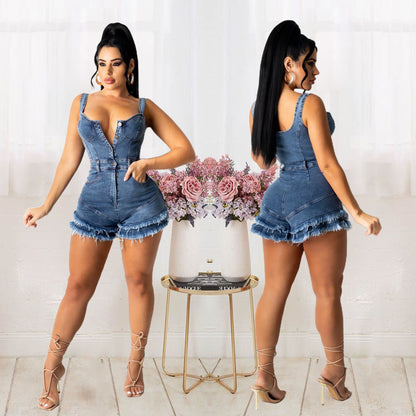 Women Clothing Arrival Denim Women Wear Slim Fit Burrs Tassel Denim Jumpsuit - Wanita Store