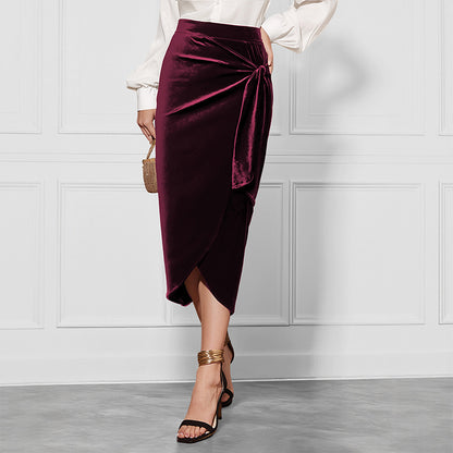 Solid Color Twisted Skirt Office Autumn Winter Split Velvet Dress - Wanita Store