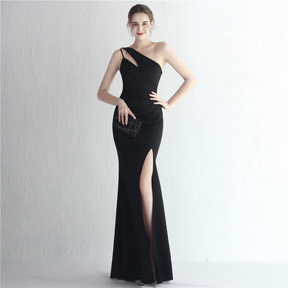 Satin Slim Fit One Shoulder Long Debutante Gala Dinner Slimming Fishtail Wedding Car Model Exhibition Dress - Wanita Store