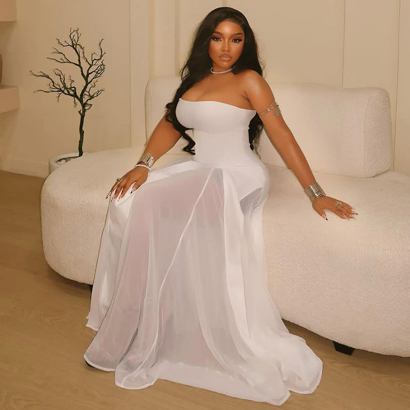 Elegant Women Dress See through Bandeau Slim Fit A line Off Neck Solid Color Dress Evening Dress