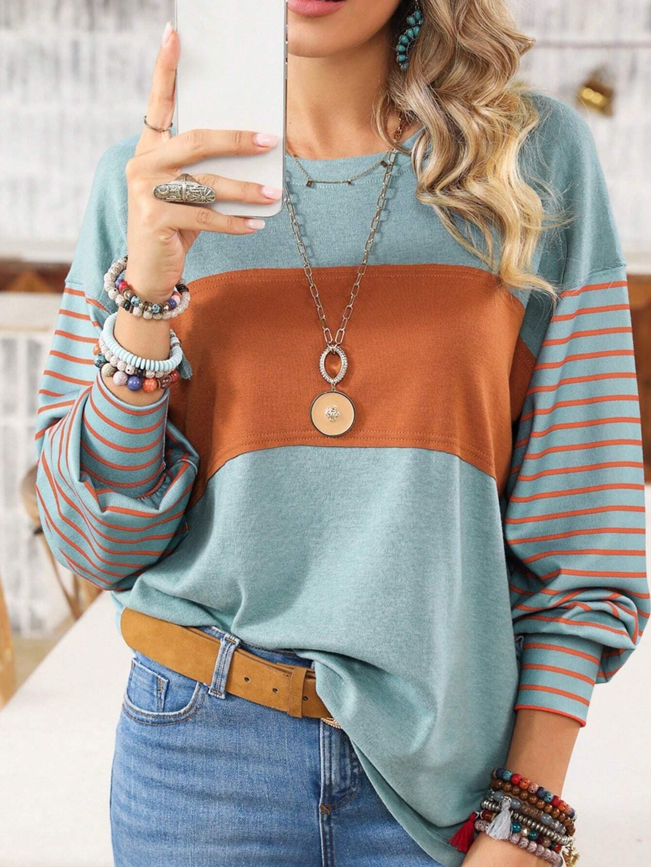 Women Clothing Spring Autumn Pullover Crew Neck Casual Striped Color Contrast Long Sleeve T Shirt Women