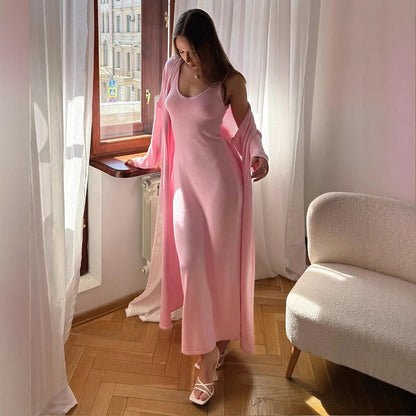 Women Knitted Long Sleeve Cardigan Sling Dress Set Autumn Soft Blouse - Wanita Store