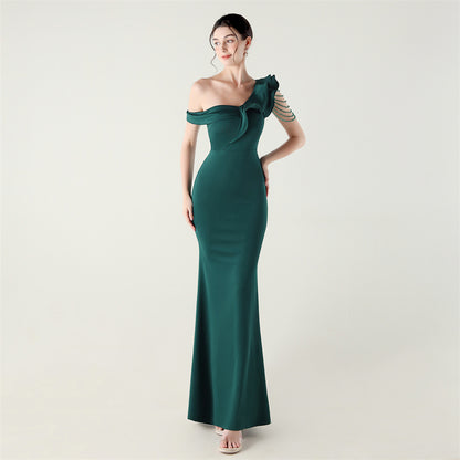 Ruffled One Shoulder Heavy Industry Beads String Slim Fit Satin Fishtail Evening Dress Wedding Red Carpet Cocktail Dress - Wanita Store