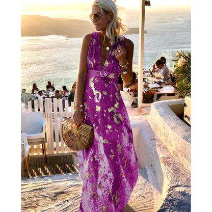 Spring Summer Sexy V Neck Bronzing Dress Casual Holiday Party Women Large Swing Dress - Wanita Store