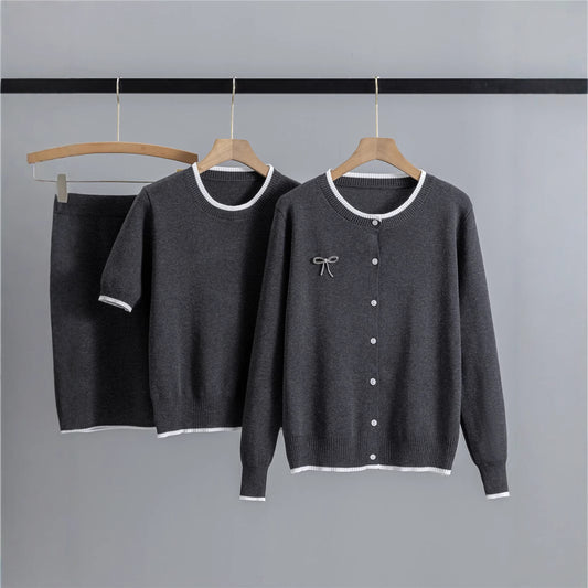Round Neck Jacquard Contrast Color Cardigan Long Sleeve Patchwork Knitting Top Short Sleeve Top Slimming Short Skirt Three Piece Sets Women